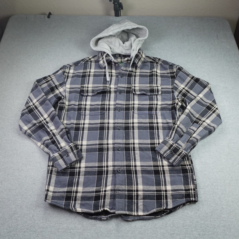 American Eagle Shirt Mens Medium Gray Plaid Flannel Hooded Button Front